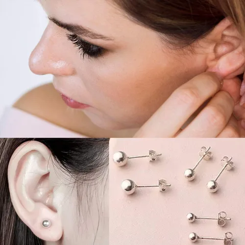 Miniatura 2 de Aretes de pelota de plata esterlina, de 3 mm, 4 mm, 5 mm, 6 mm, 7 mm 8 mm, 9 mm, 10 mm
