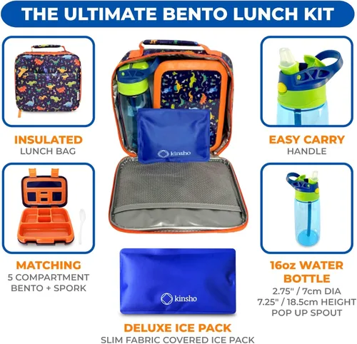 Miniatura 2 de kinsho Lonchera Bento con bolsa aislada, botella de agua y bolsa de hielo para niños pequeños, 5 secciones de porciones, bandeja extraíble sin BPA