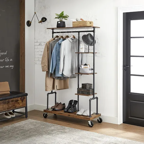 Miniatura 7 de VASAGLE UHSR66BX - Perchero para ropa con ruedas, organizador de ropa portátil con 5 niveles, estilo de tubería industrial, marrón rústico