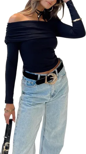 Miniatura 2 de Women Y2k One Off Shoulder Crop Tops Sexy Long Sleeve Ruched Slim Fit T Shirts Fitted Going Out Cropped Basic Tees