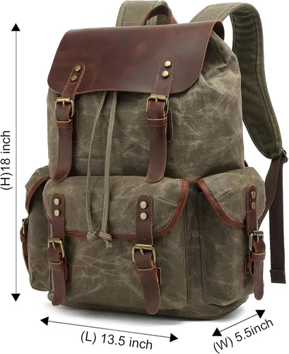 Miniatura 2 de HuaChen Mochila vintage de lona encerada con solapa de cuero genuino, mochila de viaje y trabajo, mochila resistente al agua con bolsillo antirrobo