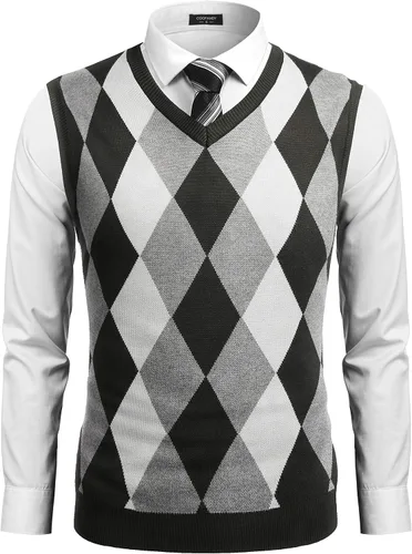 Miniatura 7 de COOFANDY Suéter sin mangas con cuello en V para hombre, ajustado, informal, con rombos
