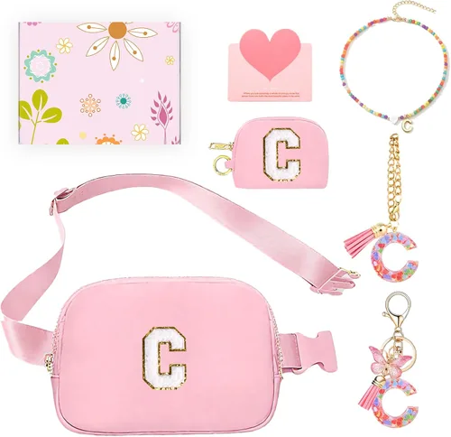 Miniatura 12 de Regalos de moda para niñas adolescentes, cangurera con monograma para niña con llavero, collar, dijes de taza, tarjeta de felicitación y caja
