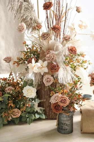Miniatura 3 de rongflower Flores artificiales de aspecto real, color rosa polvoriento, rosas falsas de espuma con tallos, 25 piezas para bricolaje, bodas, Rosa