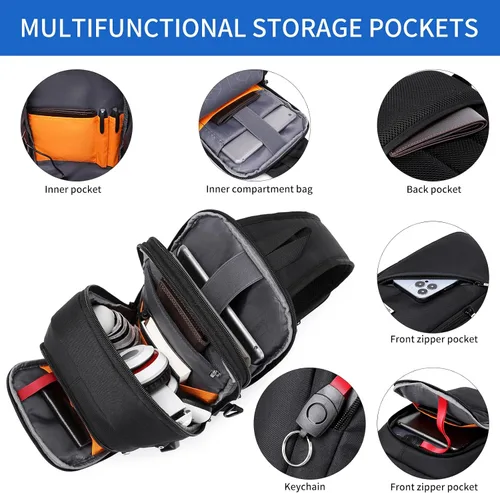 Miniatura 19 de DUSLANG Mochila de hombro para senderismo, bolsa cruzada para hombres, bolsas de pecho con puerto de cargador USB para campamento casual, ciclismo