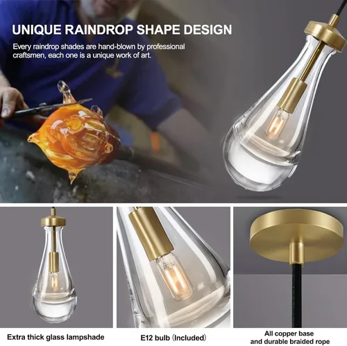 Miniatura 7 de Juego de luces colgantes Joyunleo en forma de gota de lluvia de 3 piezas, juego de 3 luces colgantes para isla de cocina, luces colgantes de vidrio