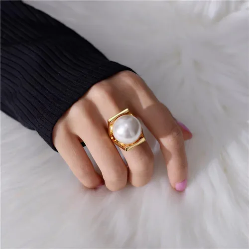 Miniatura 3 de OIDIMS Anillo de perlas exageradas de acero inoxidable en forma de Y, estilo único, anillos grandes personalizados, joyería de ajuste cómodo