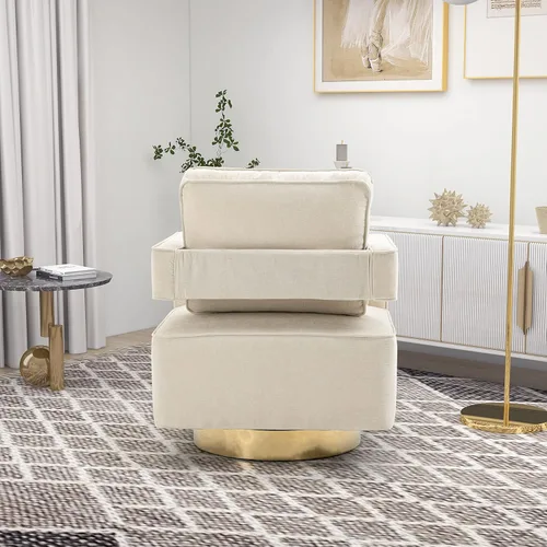 Miniatura 8 de Betoko Silla giratoria con diseño de barril, moderno sillón con respaldo abierto con base de metal dorado, silla tapizada de felpilla con almohada