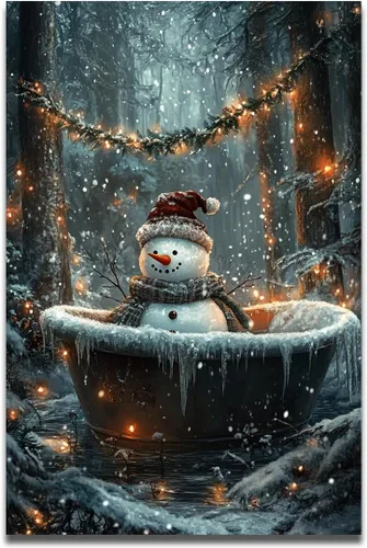 Arte de pared de Navidad para baño, muñeco de nieve de Navidad en la bañera, impresión en lienzo de baño, escena clásica de Navidad, invierno,