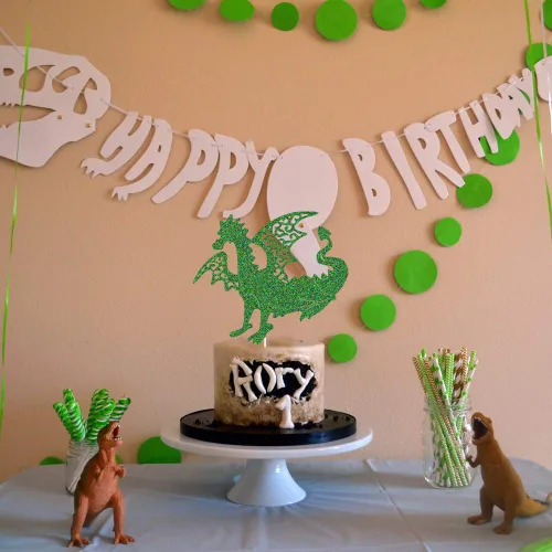 Miniatura 7 de Decoración de pastel de dragón, decoración de pastel de fiesta de cumpleaños de dinosaurio, dinosaurio jurásico de la selva T-Rex rugido feliz