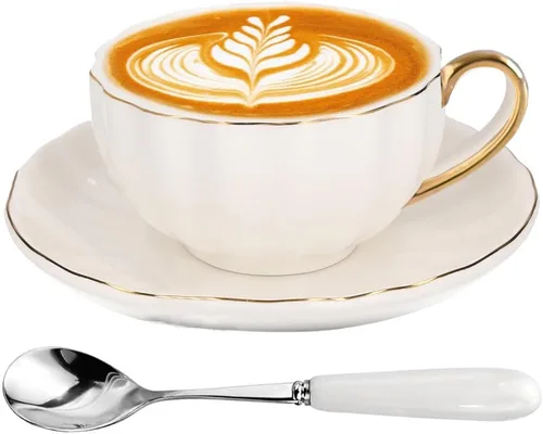 Miniatura 11 de ONEUSTAR Juego de taza de té y platillo para 1 taza de té floral de porcelana de hueso con cuchara, taza de café de 8 onzas, taza de capuchino latte
