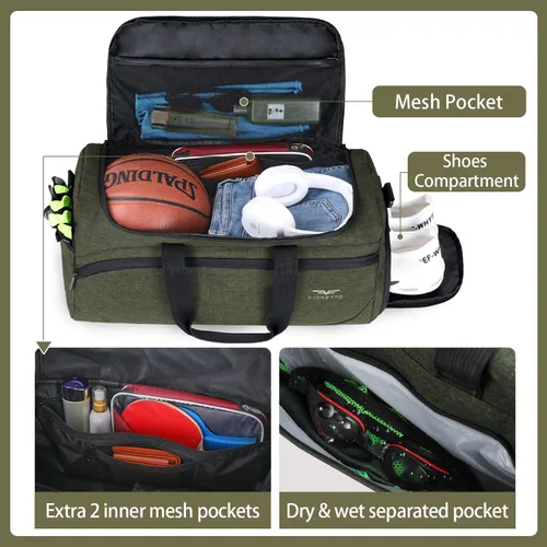 Miniatura 2 de FIORETTO Bolsa de deporte para hombre con bolsillo húmedo y compartimento para zapatos, ideal para viajes, gimnasio, deportes, natación, A-Verde