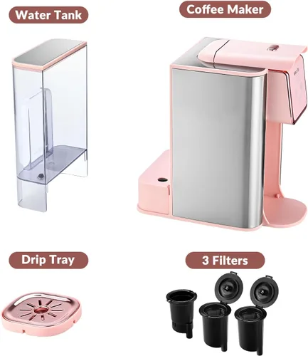 Miniatura 7 de Mecity Cafetera Rosa 3 en 1 Máquina de Café de Una Sola Porción, Para Cápsulas de Café de Fondo Plano, Café Molido, Taza de 6 a 10 Onzas, Depósito