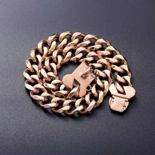 Miniatura 6 de Collar de perro resistente de acero inoxidable con eslabones cubanos de oro rosa para perros pequeños, medianos y grandes, collar de lujo para perro