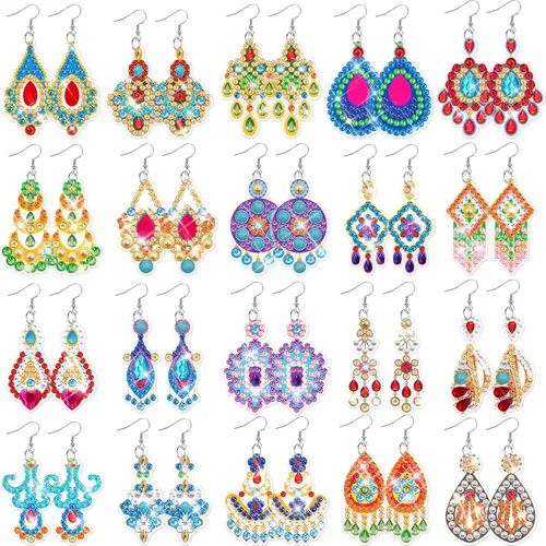 Kigeli Juego de 20 pares de aretes de pintura de diamantes para la fabricación de joyas, aretes colgantes bohemios 5D para manualidades, dijes