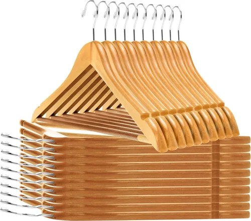 Perchas de madera de calidad, ligeramente curvadas, resistentes con elegantes ganchos cromados, color natural, juego de 80 unidades
