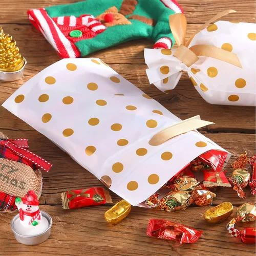 Miniatura 6 de Frienda Paquete de 50 Bolsas de Dulces de Navidad con Cordón Bolsa de Galletas y Dulces con Lunares Dorados Bolsillo de Favor de Plástico