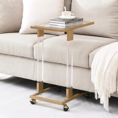 Miniatura 10 de Mesa auxiliar móvil de vidrio transparente con marco acrílico, moderna mesa auxiliar de sofá en forma de C con ruedas, mesa de aperitivos