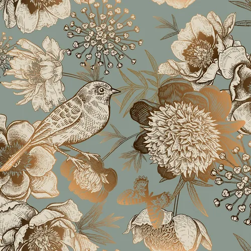 ReWallpaper Papel tapiz autoadhesivo de 17.5 pulgadas x 23 pies, color dorado antiguo, flores y pájaros verde azulado, autoadhesivo, extraíble, para