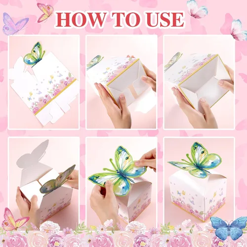 Miniatura 4 de Ctosree 24 cajas de regalo de fiesta de mariposa, bolsas de dulces florales, caja de papel de regalo de mariposa rosa para niña, decoración azul