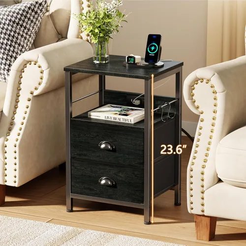 Miniatura 2 de Furologee - Juego de 2 mesitas de noche, roble negro, con estación de carga y puertos USB, mesas auxiliares con 2 cajones de tela, mesas de cabecera