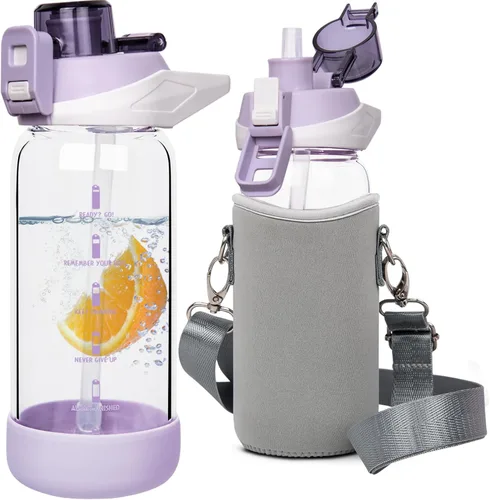 Miniatura 8 de Botella de agua deportiva de vidrio de 32 onzas con popote y marcador de tiempo, botella de vidrio motivacional reutilizable grande para agua Rosa
