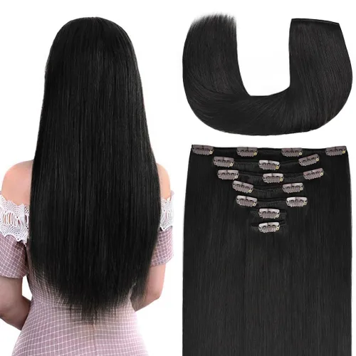 Miniatura 15 de Extensiones de cabello humano Remy de 12 pulgadas con clip para mujer, extensiones de cabello humano sedoso y liso, 1.76 onzas, 4 piezas