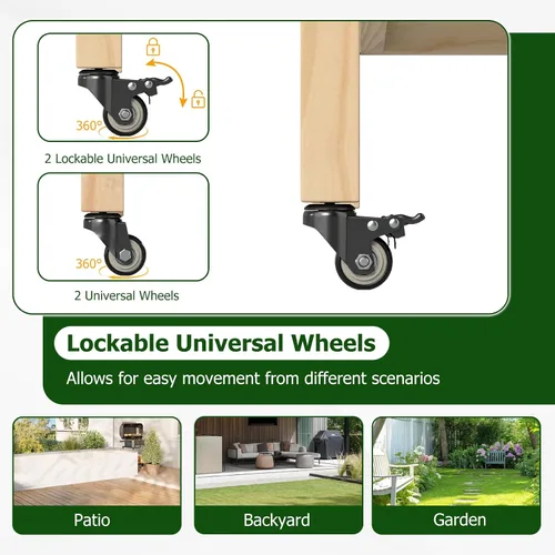 Miniatura 8 de Giantex Cama de jardín elevada móvil, maceta de madera con ruedas, estante de almacenamiento y forro, cama elevada enrollable de 47 x 23 x 33