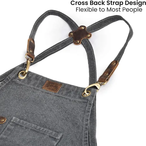 Miniatura 3 de LEATHER VILLAGE Delantales de chef para hombres y mujeres con bolsillos grandes, delantal de trabajo ajustable de lona de algodón con espalda Gris