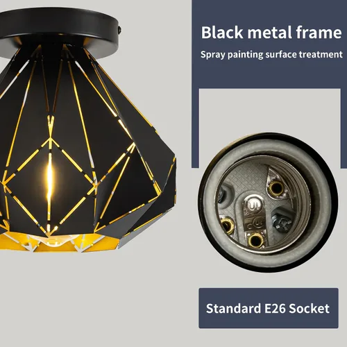 Miniatura 2 de Modern Geometric Ceiling Light, Black Metal Diamond Cage Design, Semi-Flush Mount, Industrial Style, E26, Matte Black with Gold Inside