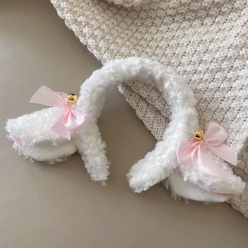 Miniatura 4 de Banda de pelo con orejas de cordero, nudo de lazo, campana, adorno decorativo para el cabello, peluche femenino de dibujos animados, diadema