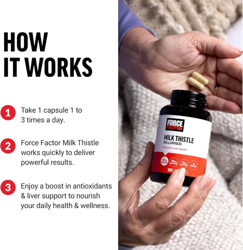 Miniatura 4 de Force Factor Fórmula de apoyo hepático de cardo mariano con raíz de diente de león y alcachofa, suplemento de cardo mariano de silimarina de 300 mg