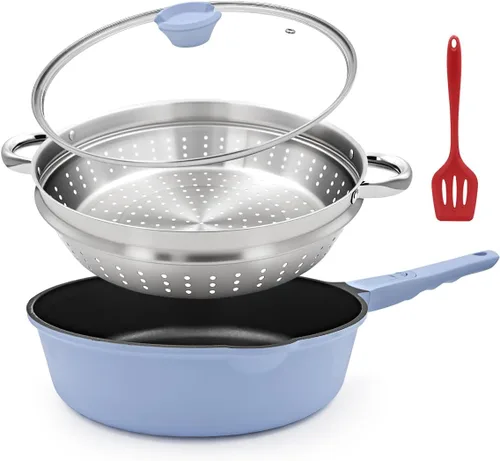 Sartén profunda antiadherente de 12 pulgadas con vaporizador, sartén de 5 cuartos de galón con tapa, utensilios de cocina para cocinar a vapor para