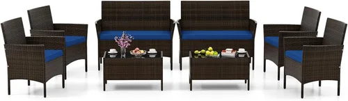 Miniatura 21 de HAPPYGRILL Juego de 4 muebles de mimbre para exteriores, juego de muebles de mimbre para patio con sillas de dos plazas y mesa de café de vidrio