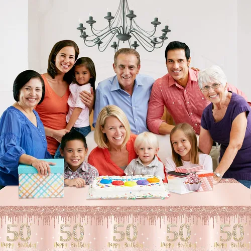 Miniatura 5 de Excelloon Paquete de 3 Manteles de Cumpleaños 50, Mantel de Cumpleaños Feliz de Rosa Púrpura y Oro Rosa, Mantel Desechable de Plástico Rectangular