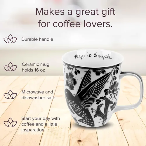 Miniatura 6 de Karma Taza bohemia de 16 onzas con diseño de mariposa y colibrí, color blanco y negro, bonita taza de café y té, cerámica, 16 onzas, apta