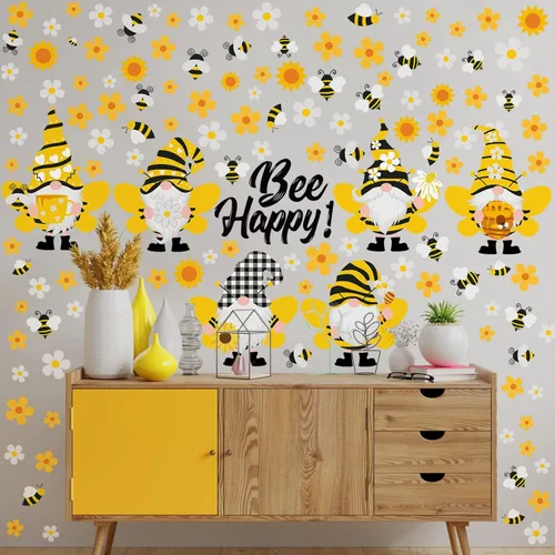 Miniatura 3 de Capoda 167 calcomanías de pared de gnomo de abeja, 6 hojas de calcomanías de pared de gnomo de girasol para ventanas de vidrio, calcomanías