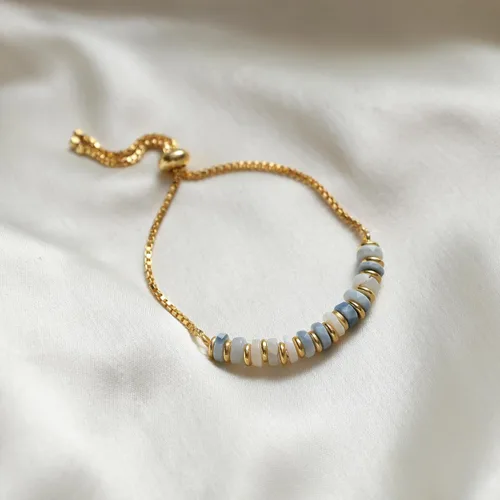 Miniatura 35 de Natural Heishi Beads With Spacers Slider Bracelet Gemstone Healing Jewelry With 14k Yellow Gold Plated 8- Inch Adjustable Length