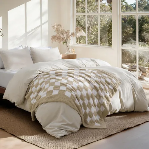 Bedsure Juego de edredón individual con manta a cuadros para sofá, 3 piezas, 1 edredón beige tamaño individual, 1 funda de almohada, 1 manta a