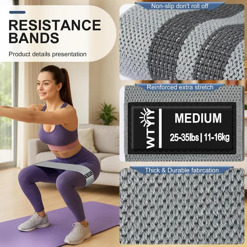 Miniatura 6 de Bandas de resistencia de tela para entrenamiento, bandas de ejercicio antideslizantes de 3 niveles para hombres y mujeres, equipo de bandas