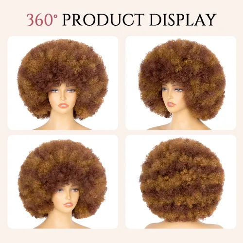 Miniatura 3 de Peluca afro de los años 70 para mujer, peluca rizada afro corta de color marrón mixto, peluca sintética sin pegamento con flequillo, peluca afro