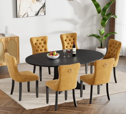 Miniatura 116 de Juego de mesa de comedor de mármol sintético blanco para 6 personas, juego de mesa de comedor extensible de 7 piezas de 63 a 78.74 pulgadas con 6