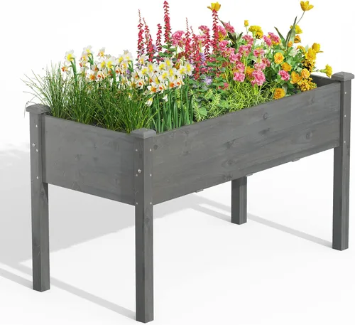 Miniatura 12 de Giantex Juego de 2 camas de jardín elevadas, caja de madera elevada, kit de cama elevada para flores, verduras, frutas, hierbas, contenedor de Gris