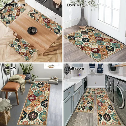 Miniatura 6 de Falflor Juego de 3 tapetes de cocina con diseño de enrejado marroquí, lavables, antideslizantes, tapetes de cocina suaves para piso, patrón floral
