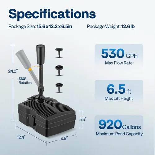 Miniatura 7 de VIVOHOME Kits de bomba de filtro sumergible de 530 GPH con esterilizador adecuado para estanques de 920 galones, bomba de agua incorporada