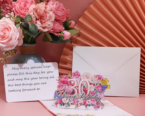 Miniatura 4 de PENTA ANGEL Tarjeta de felicitación de feliz cumpleaños 30 con diseño de flores 3D, regalo de cumpleaños de 30 años con sobre en blanco para su