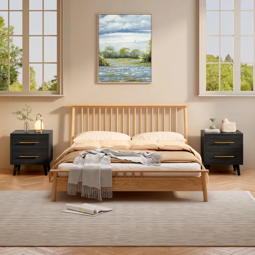 Miniatura 2 de Aiho Juego de 2 mesitas de noche, juego de mesita de noche para dormitorio, mesita de noche de madera con asas de metal, 2 cajones, mesita de noche