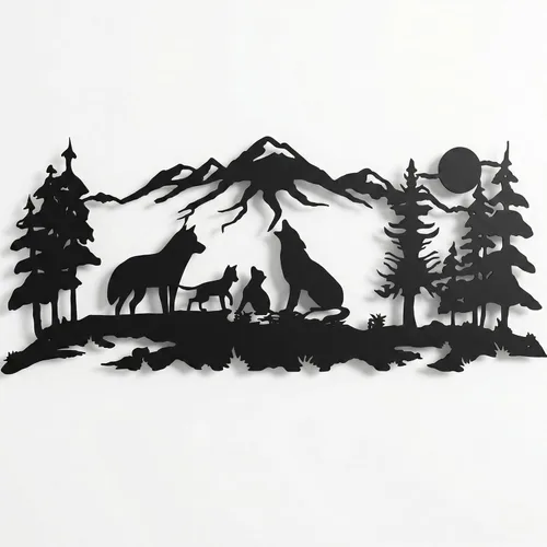 DEKADRON Arte de pared de metal, arte familiar de lobos metálicos, arte de pared de naturaleza, lobo, montaña y árbol, decoración de pared de metal