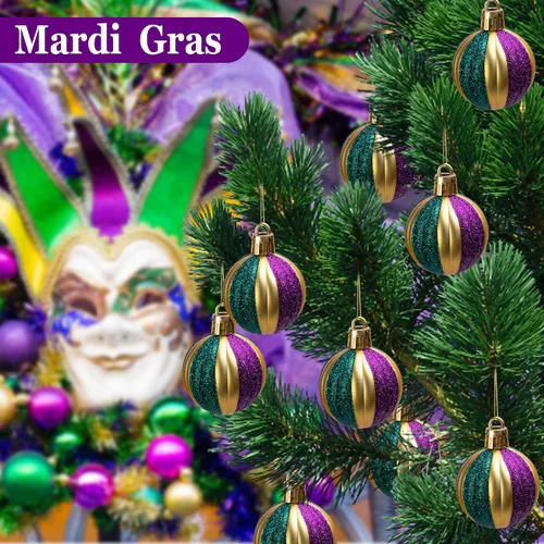 Miniatura 4 de Watayo 24 adornos de bola con purpurina – Bolas colgantes inastillables de 1.6 pulgadas, bolas de árbol moradas, doradas y verdes para fiestas