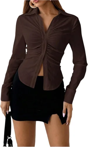 Miniatura 10 de SOLY HUX - Blusas de manga larga con botones y fruncidos para mujer, camisas de ajuste delgado, tops estéticos